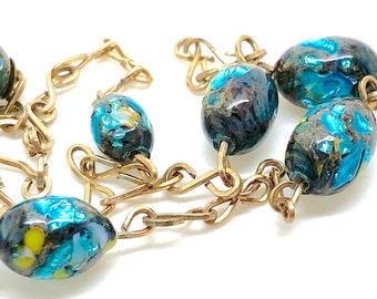 1920’s Art Deco Rolled Gold & Blue Foil Art Glass Necklace