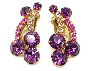 Orecchini a clip americani degli anni '80 con strass di cristallo viola e rosa - Fascia alta