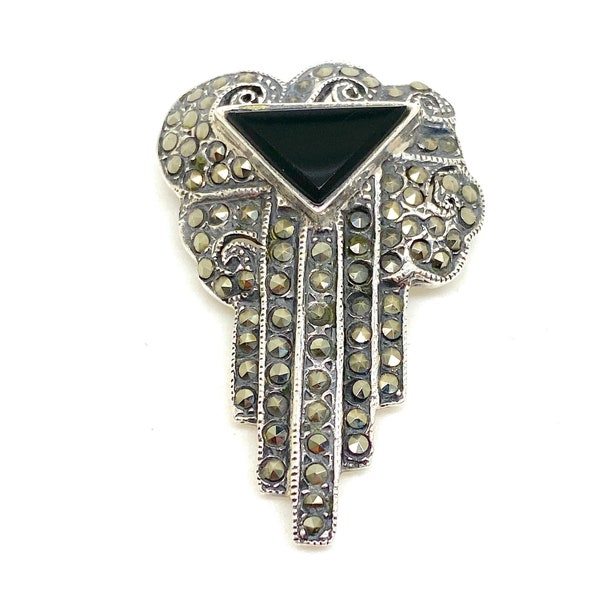 Asymmetric Art Deco Onyx & Marcasite 925 Silver  Brooch