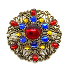 Ornate Vintage Blue Red and Yellow Crystal Brooch