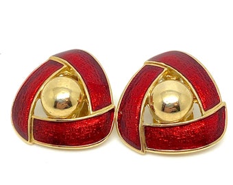 Red Enamel Goldtone Triangular Clip Earrings