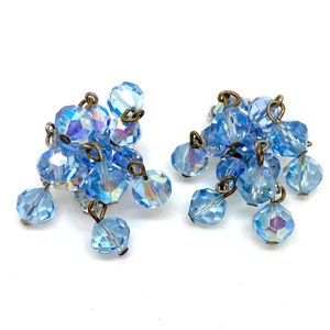 1960&#39;s Designer Pearlcraft Blue Crystal Waterfall Clip Earrings