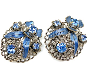 1920's Czech Vintage Blue Crystal Glass and Enamel Filigree Clip Earrings  Gift Art Deco