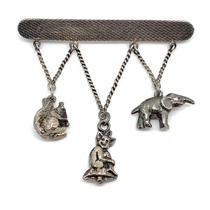 Unique and Unusual Victorian Sterling Silver Squirrel, Pixie and Elephant Brooch