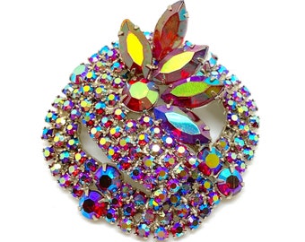 Broche de diamantes de imitación de cristal de aurora boreal roja de los años 50