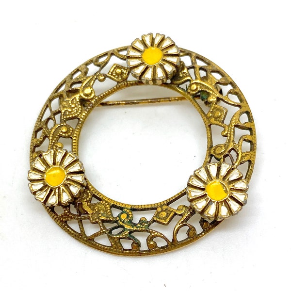 Vintage 1950's Enamel Yellow & White  Daisy Gold Filigree Ring Brooch