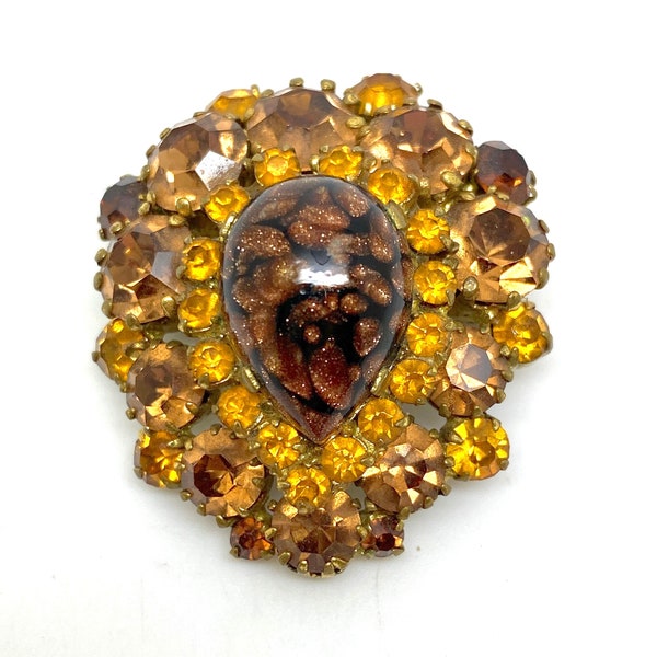 Insolite vintage Broche Topaze Jaune & Verre Marron