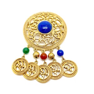 Large 1980s Byzantine Style Cabochon Drop Dangle Brooch