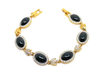 Gorgeous Black Glass and White Crystal  Bracelet