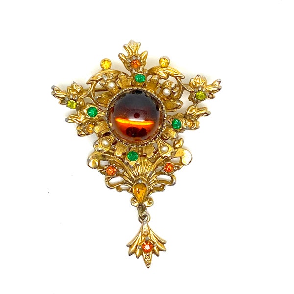 vintage Sphinx Brown Red Green Crystal & Pearl Dropper Broche signée avec numéro de chat