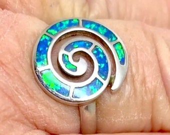 Lovely Blue  Opal Spiral / Swirl  925 Silver Ring Size P