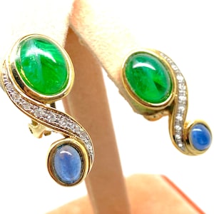 High-end  Blue and Green Natural Stones with Crystal Rhinestone Clip Earrings  - unsigned-