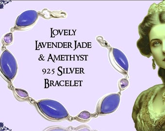 Purple Jade & Amethyst Bracelet, Filigree Sterling Silver, 7 Inch