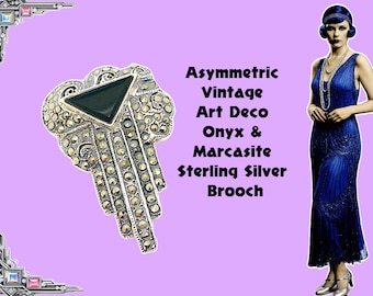 Asymmetric Art Deco Onyx & Marcasite 925 Silver  Brooch