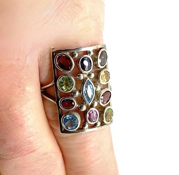 Large Multi Gemstone 925 Silver Rectangular Ring … - image 2