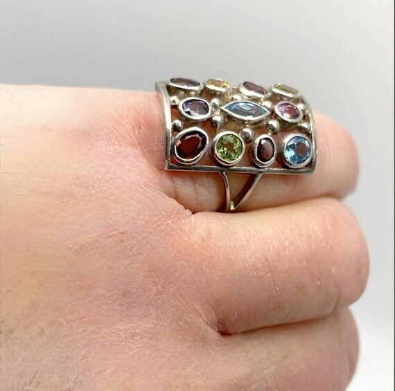 Large Multi Gemstone 925 Silver Rectangular Ring … - image 8
