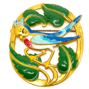 Large Vintage Enamel Exotic Bird Brooch
