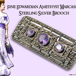 Fine Edwardian Amethyst Marcasite Sterling Silver Brooch