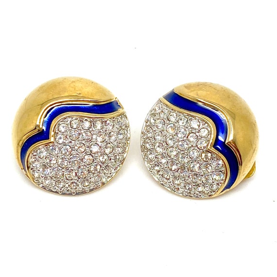 High End Crystal and Enamel Clip Earrings Signed … - image 3