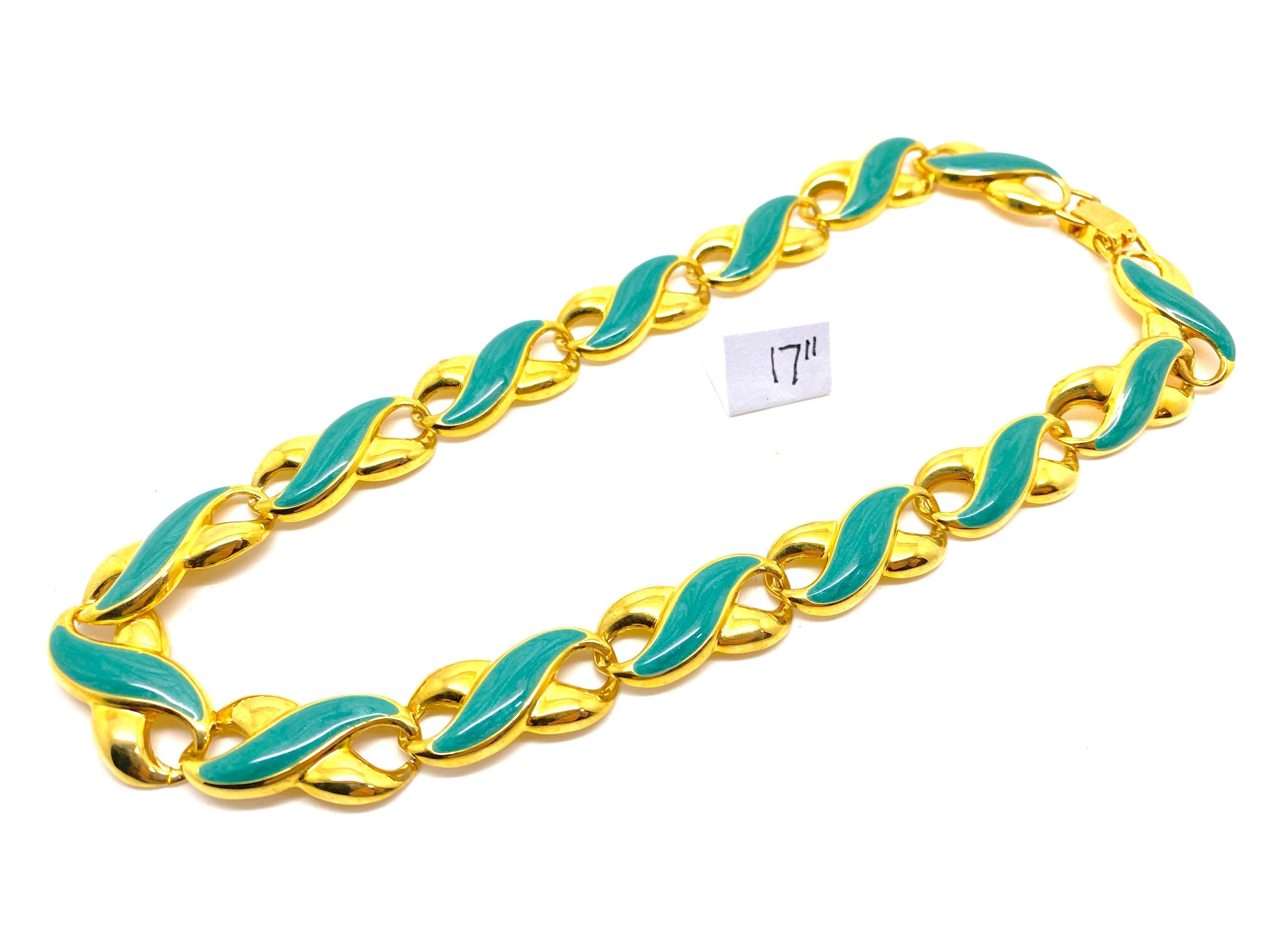 Collier Vintage En Métal émaillé Bleu Vert Et Doré - Bijou Occasion, Couleur Dominante Verte