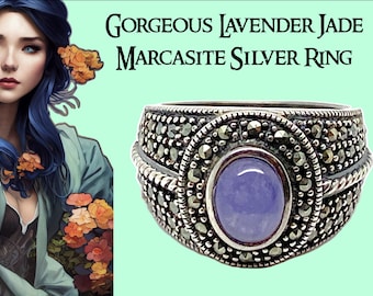 Anillo de jade lavanda y marcasita: plata de ley 925, anillo vintage con estilo