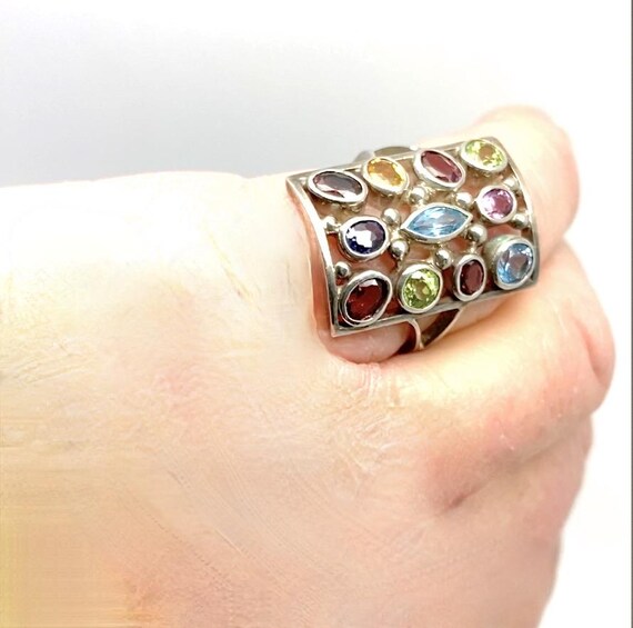 Large Multi Gemstone 925 Silver Rectangular Ring … - image 9