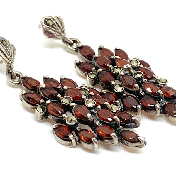 Unusual Vintage Marcasite and Garnet 925  Sterling Silver Drop Dangle Earrings