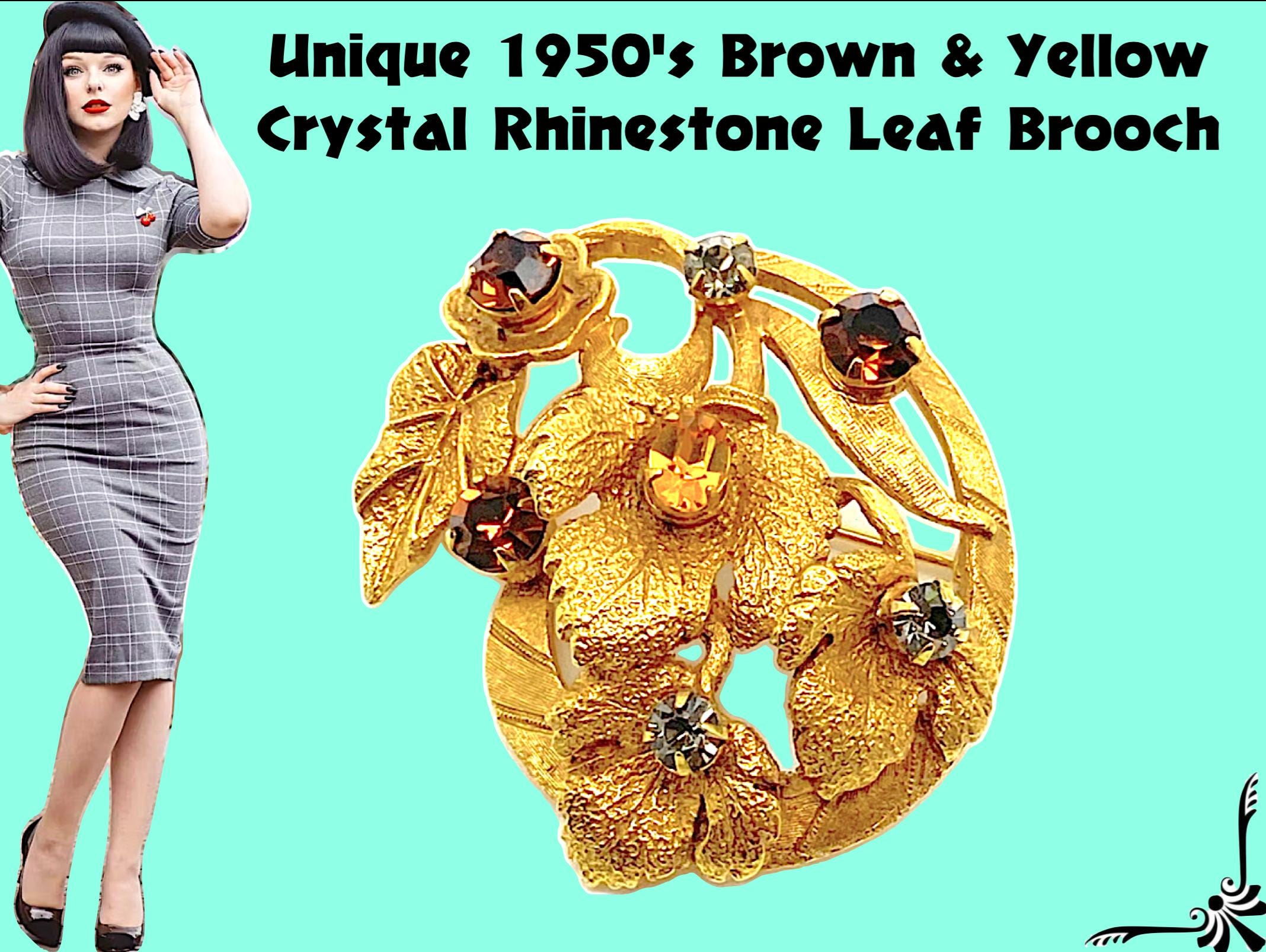 Unique 1950's Brown Crystal Rhinestone Leaf Brooch - Etsy