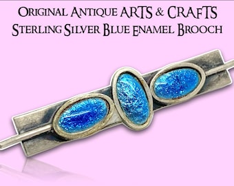 Broche de plata de ley con esmalte azul de Arts & Crafts, antiguo y original