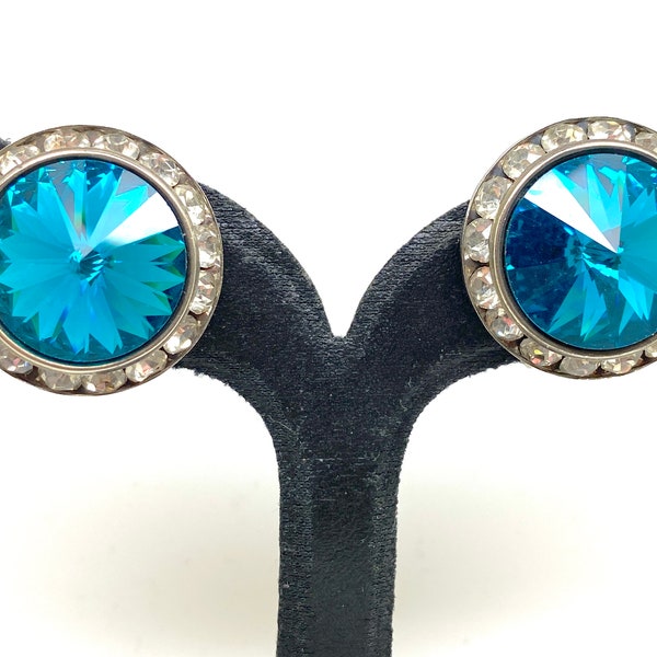 Designer Mister Bijoux Los Angeles Blue Rivoli and White Crystal Clip Earrings