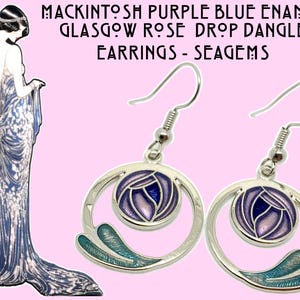 Mackintosh Purple Enamel Glasgow Rose  Drop Dangle Earrings - SeaGems