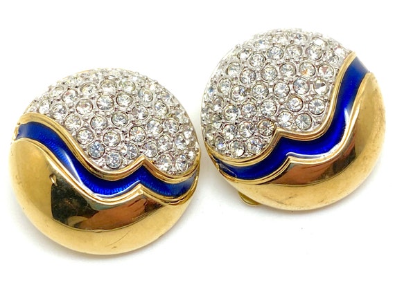 High End Crystal and Enamel Clip Earrings Signed … - image 2