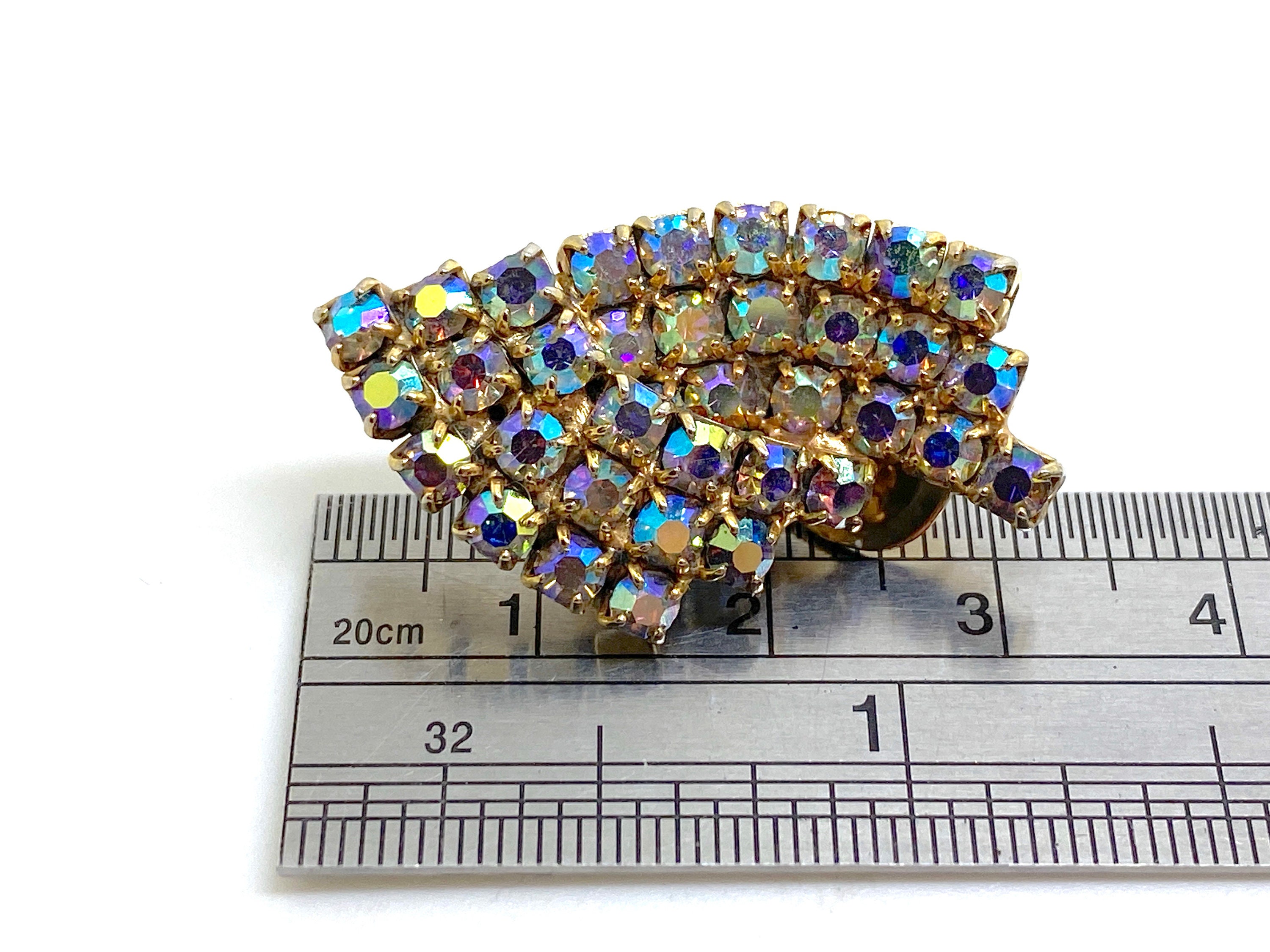 Boucles D'oreilles Clips Kramer Années 60 - Strass Irisés Aurora Borealis - Occasion