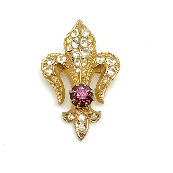 Fleur de Lys White purple Crystal Rhinestone Goldtone Brooch