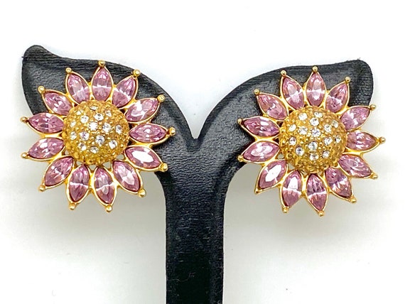 Fabulous 1980's Pink Crystal Rhinestone Sunflower… - image 1