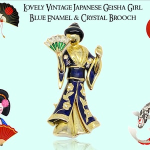 Gorgeous Japanese Geisha Girl with Fan  Blue Enamel & Crystal Pin Brooch