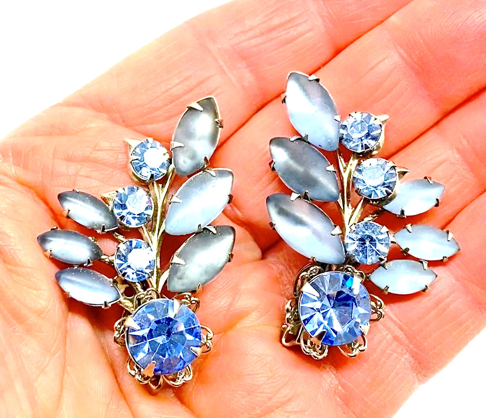 Boucles D'oreilles Clip Vintage Années 80 - Cristal/verre Bleu Et Blanc, Alliage, Style Rétro
