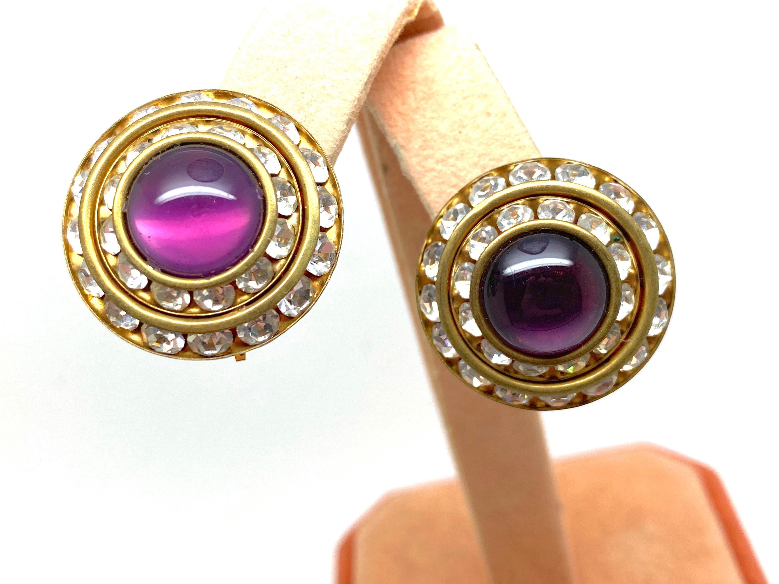 Boucles D'oreilles Clips Vintage Années 80 - Cuir Violet Et Strass - Occasion - Sans Marque