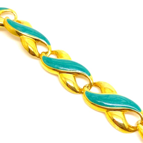 Collier Vintage En Métal Émaillé Bleu Vert Et Doré - Bijou Ancien - Occasion