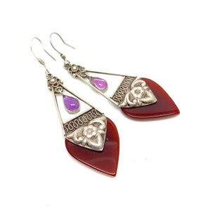 Unusual Ornate  Carnelian and Amethyst 925 Silver Drop Dangle Articulated Earrings