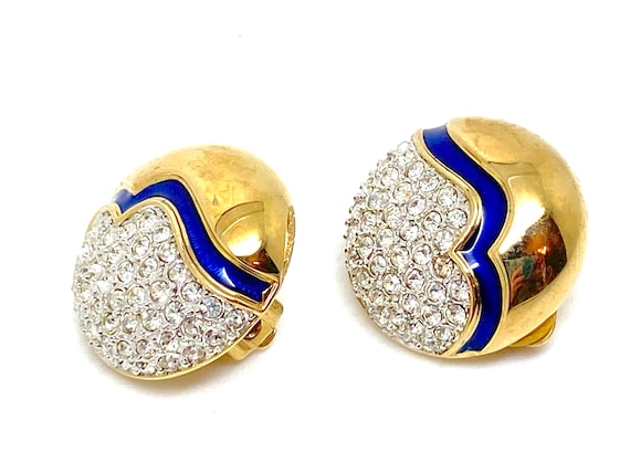 High End Crystal and Enamel Clip Earrings Signed … - image 5