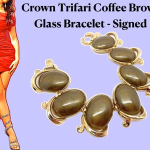 Pulsera de cristal marrón café Crown Trifari de los años 60, firmada