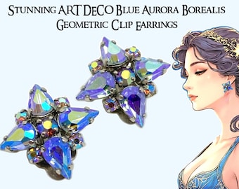 1950er Art Deco Blaue Aurora Borealis Stern Ohrclips