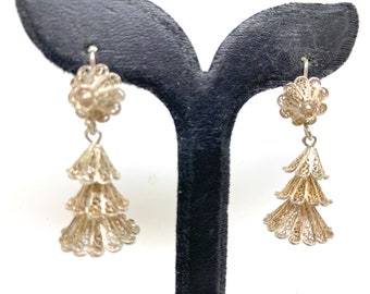Antique Silver Filigree Three Tiered Drop Dangle Bell Earrings