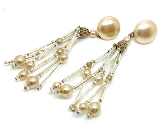 Large Long Statement Vintage Pearl & Crystal Drop… - image 1
