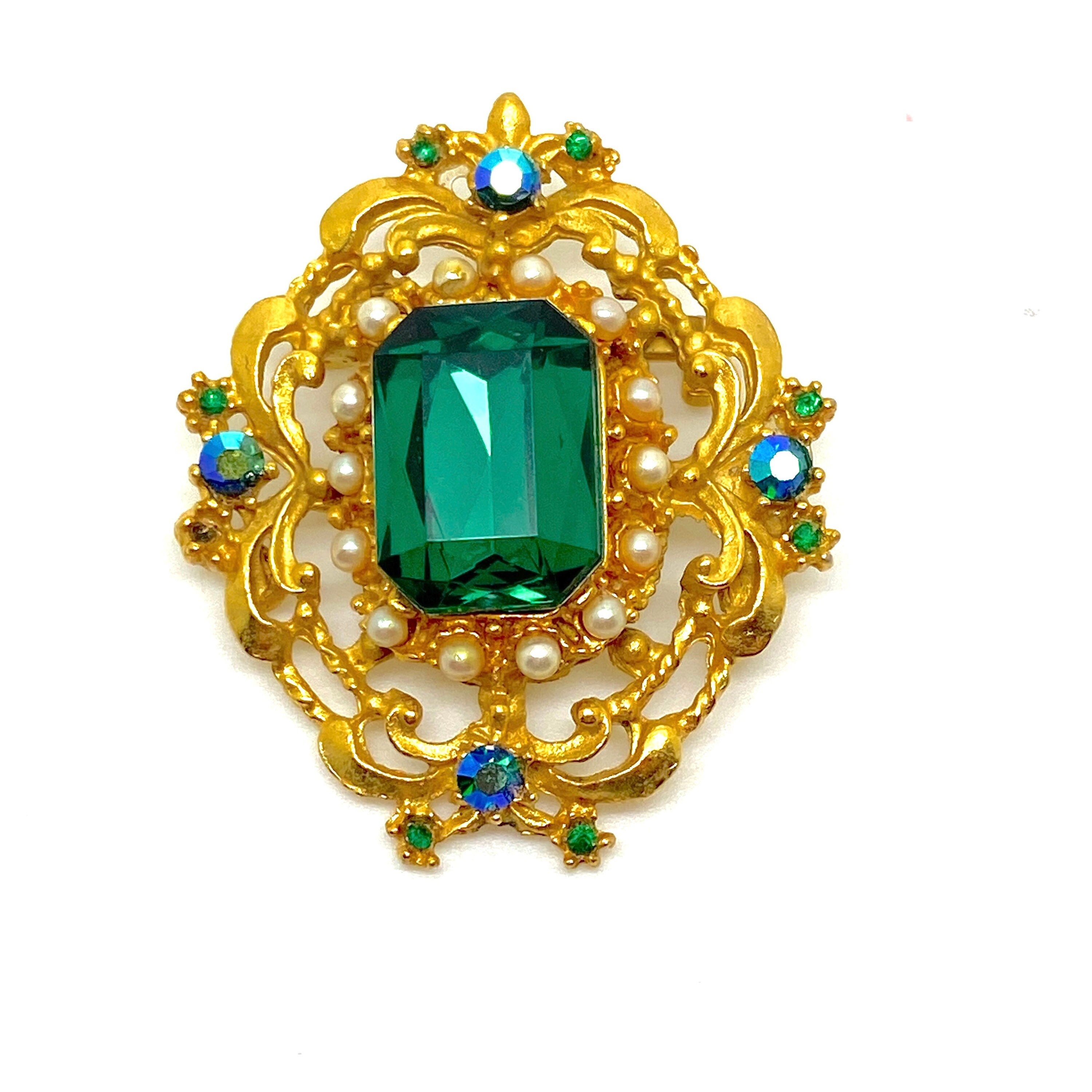 Vintage Gold Tone Metal Faux Pearl and Rhinestones Brooch or