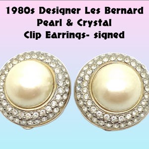 1980s Les Bernard Designer High End Art Deco Style White Crystal Clip Earrings- signed