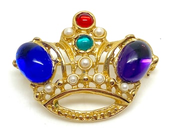 Belle broche vintage couronne cabochon violet et bleu