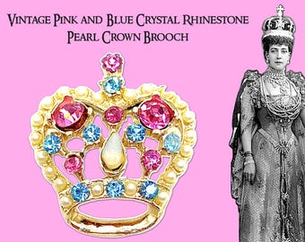 Vintage Pretty Pink and Blue Crystal Rhinestone and Pearl Crown Brooch