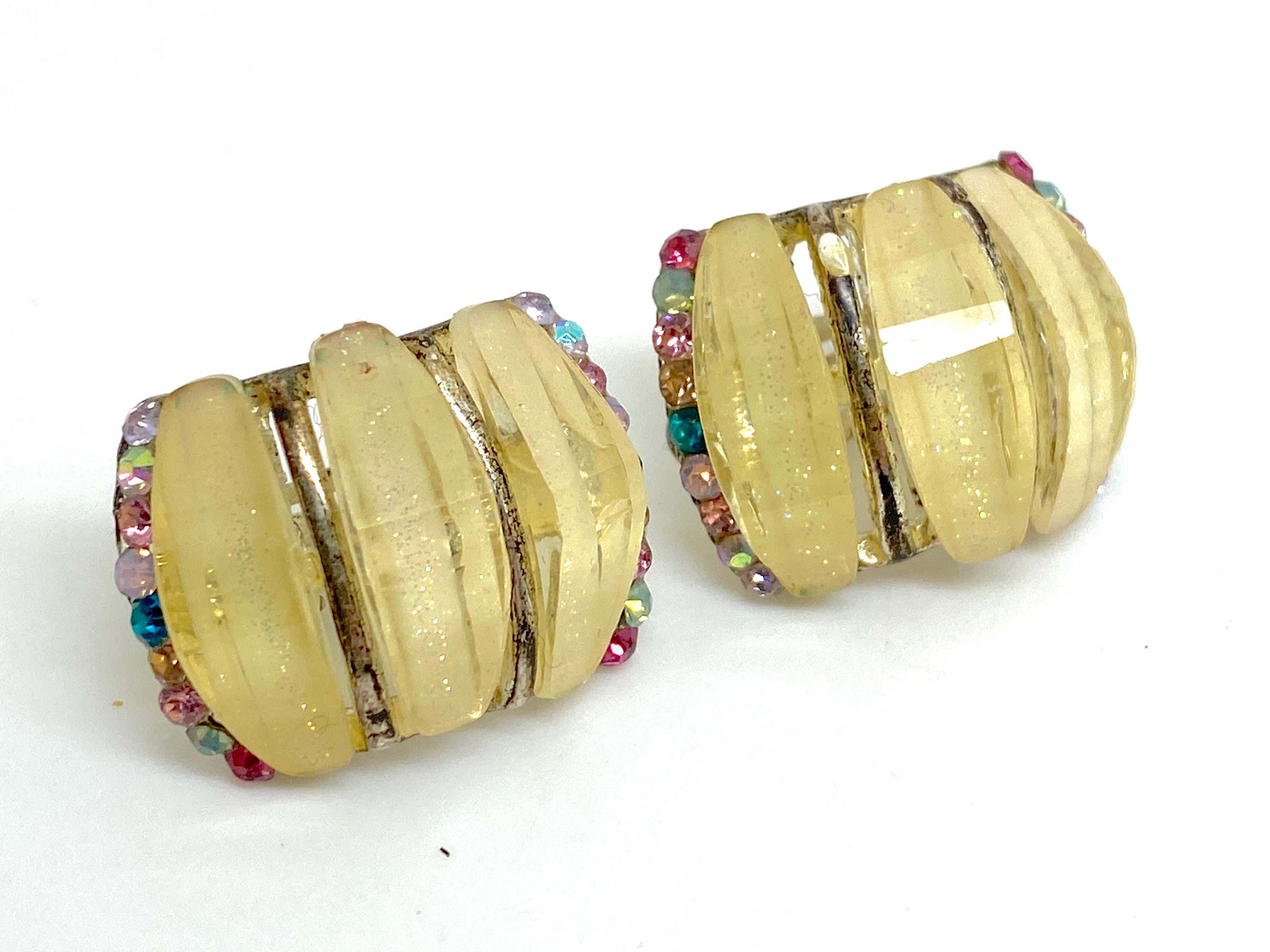 Boucles D'oreilles Vintage Années 50 - Plastique Blanc Et Rouge à Clips - Occasion En Bon état